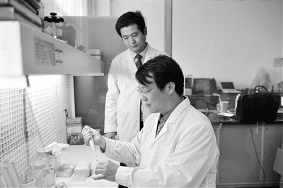 张龙现教授(前)为博士研究生王荣军示范实验过程。河南农业大学 供图